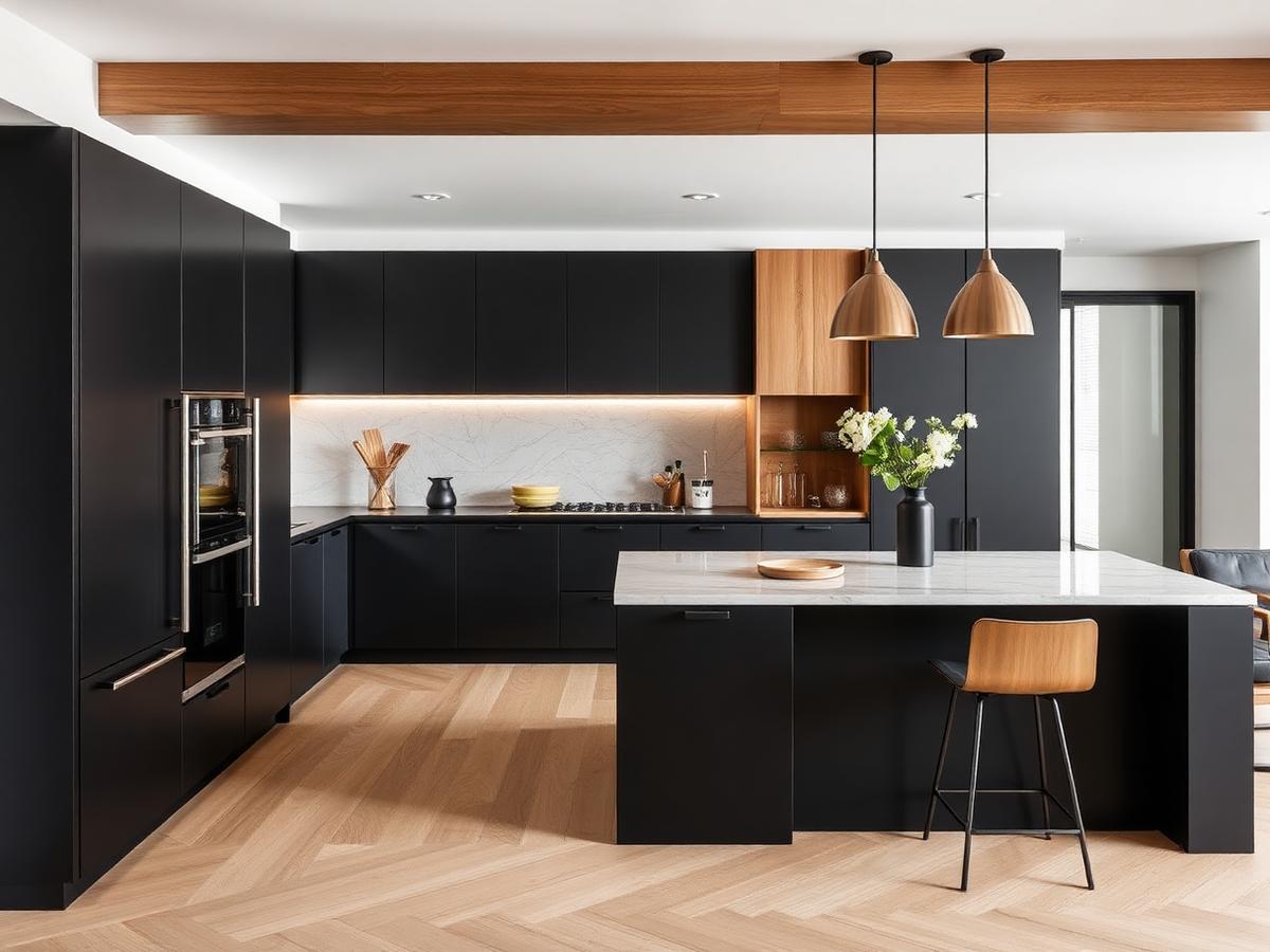 Cozinha moderna remodelada com armários pretos e ilha em pedra branca